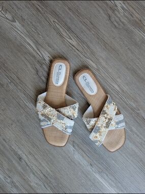 CL by Laundry Beaded Crisscross Sandals in Beige and Silver